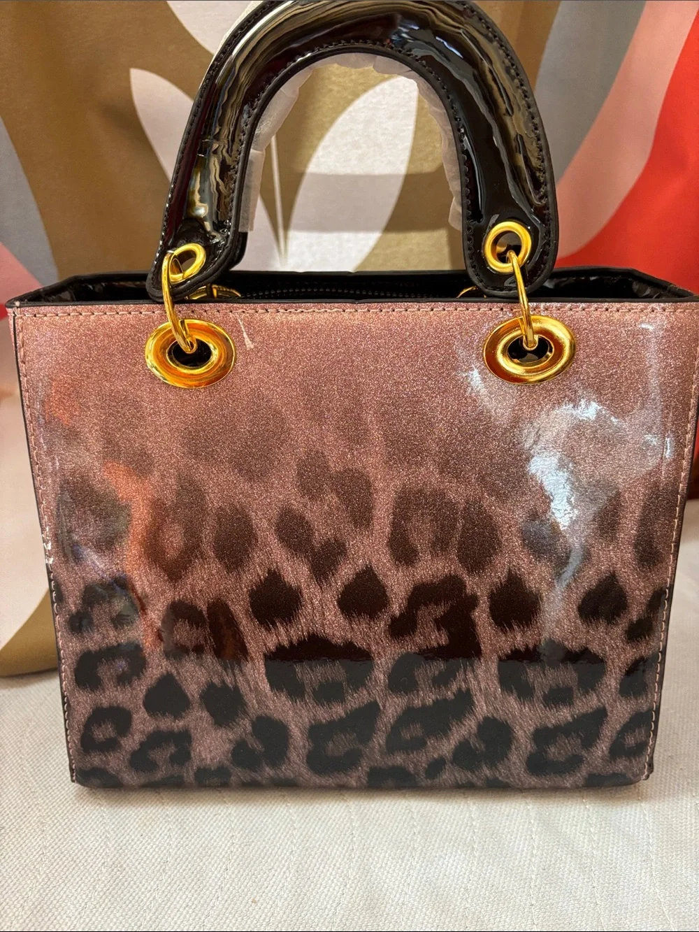 Leopard-Print Patent Satchel in Rose Brown with Black Trim